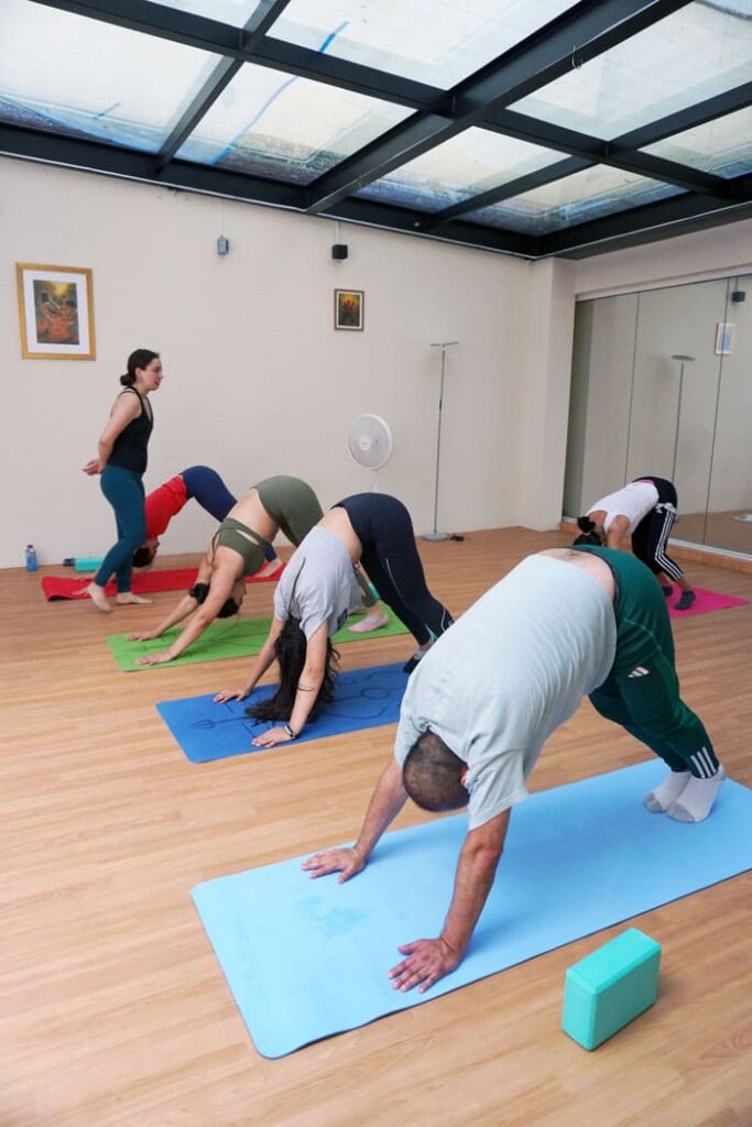 Alumnos en Clase de Yoga en Beyond con Postura de Perro